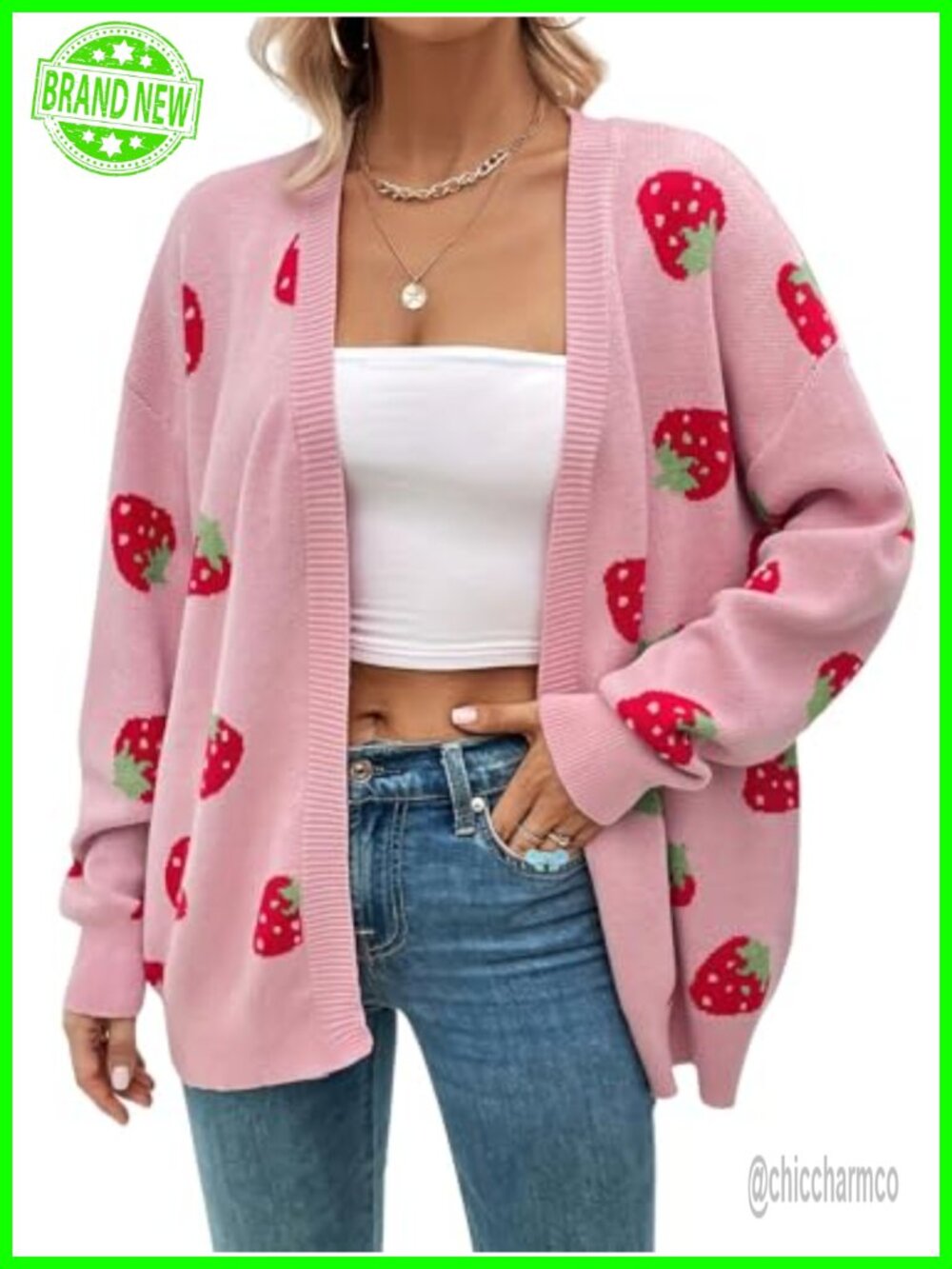 Women's Strawberry Cardigan Long Sleeve Open Front Loose Slouchy Knit Sweater
